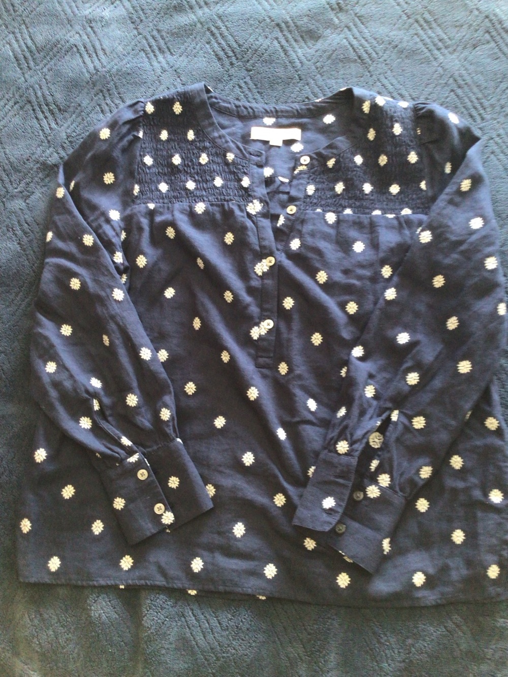 LOFT Navy blouse with white snowflake print